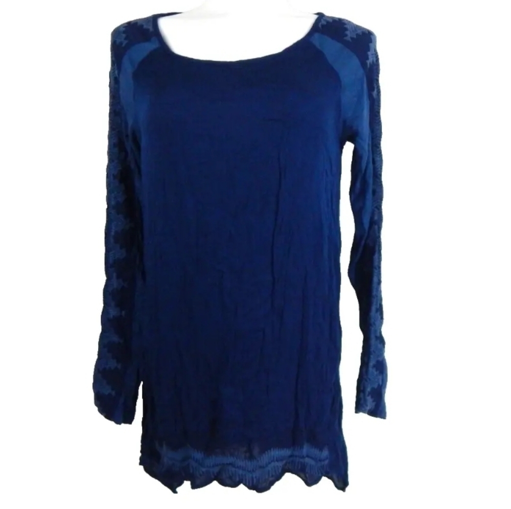 XCVI Blue Embroidered Southwestern Tunic Top